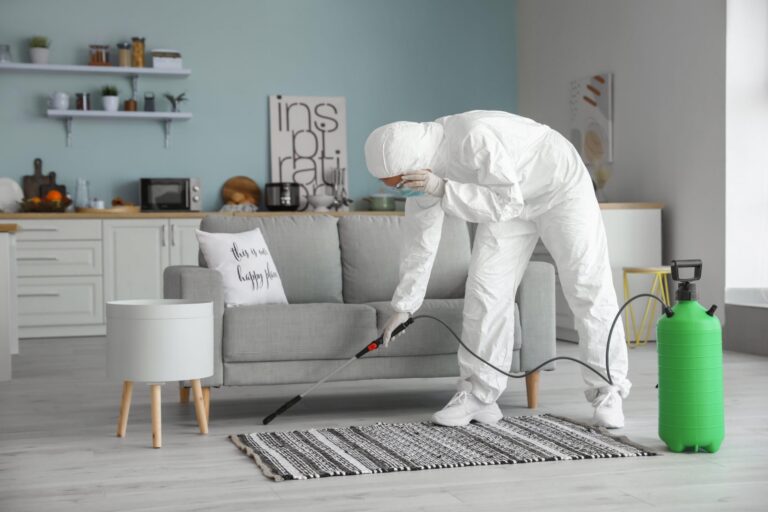 Professional in full protective suit disinfecting a living room sofa and rug with a spray device during home sanitation